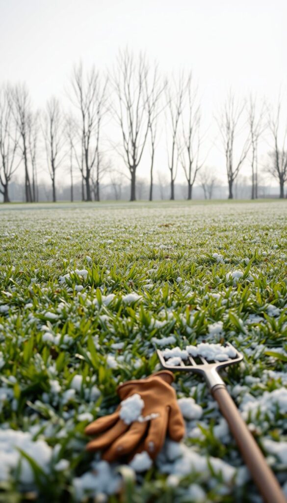 A lush, verdant lawn blanketed in a dusting of fresh snow, with a pair of gardening gloves and a rake resting on the ground, hinting at the ongoing winter lawn care tasks. The scene is bathed in a soft, diffused natural light, creating a serene and tranquil atmosphere. In the background, a row of bare trees stands silhouetted against a pale, overcast sky, adding depth and a sense of the changing seasons. The foreground is sharply focused, drawing the viewer's attention to the critical fall prep work that strengthens the lawn's roots and prevents soil compaction, ready to protect it from the harsh winter ahead. A lush, verdant lawn blanketed in a dusting of fresh snow, with a pair of gardening gloves and a rake resting on the ground, hinting at the ongoing winter lawn care tasks. The scene is bathed in a soft, diffused natural light, creating a serene and tranquil atmosphere. In the background, a row of bare trees stands silhouetted against a pale, overcast sky, adding depth and a sense of the changing seasons. The foreground is sharply focused, drawing the viewer's attention to the critical fall prep work that strengthens the lawn's roots and prevents soil compaction, ready to protect it from the harsh winter ahead.