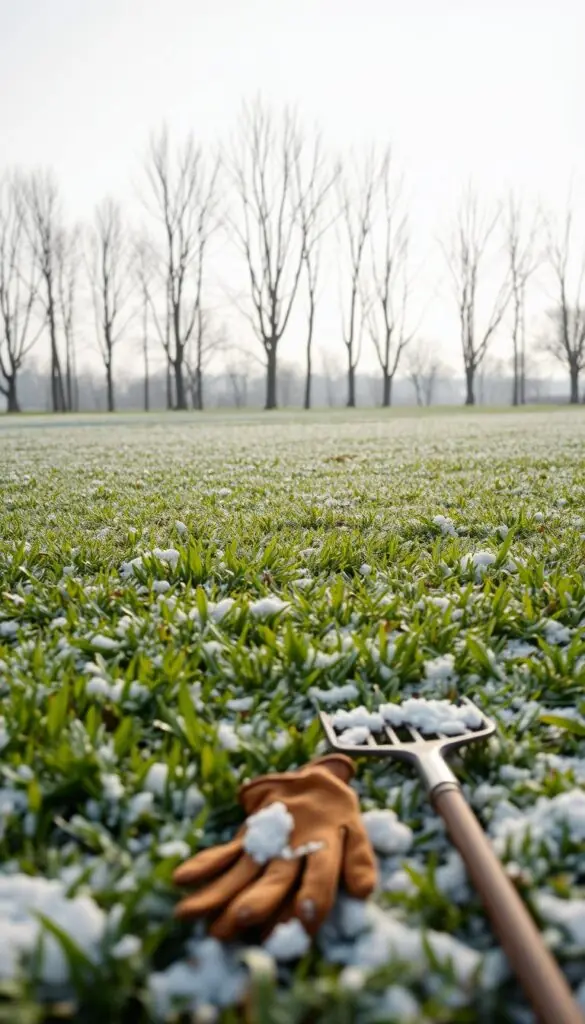 A lush, verdant lawn blanketed in a dusting of fresh snow, with a pair of gardening gloves and a rake resting on the ground, hinting at the ongoing winter lawn care tasks. The scene is bathed in a soft, diffused natural light, creating a serene and tranquil atmosphere. In the background, a row of bare trees stands silhouetted against a pale, overcast sky, adding depth and a sense of the changing seasons. The foreground is sharply focused, drawing the viewer's attention to the critical fall prep work that strengthens the lawn's roots and prevents soil compaction, ready to protect it from the harsh winter ahead. A lush, verdant lawn blanketed in a dusting of fresh snow, with a pair of gardening gloves and a rake resting on the ground, hinting at the ongoing winter lawn care tasks. The scene is bathed in a soft, diffused natural light, creating a serene and tranquil atmosphere. In the background, a row of bare trees stands silhouetted against a pale, overcast sky, adding depth and a sense of the changing seasons. The foreground is sharply focused, drawing the viewer's attention to the critical fall prep work that strengthens the lawn's roots and prevents soil compaction, ready to protect it from the harsh winter ahead.