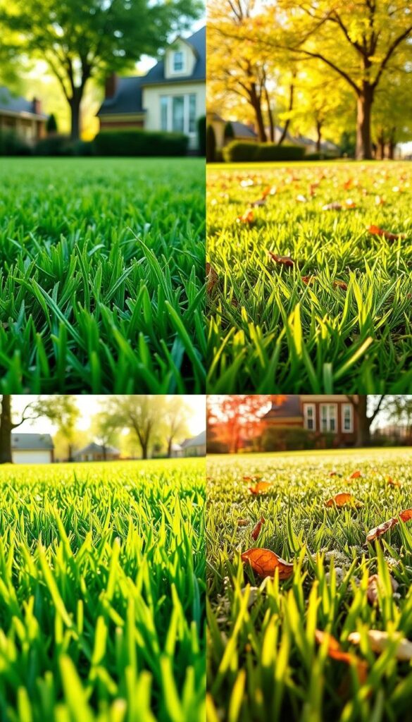 A lush, verdant lawn during the four seasons of the year. In the foreground, close-up shots of healthy, well-manicured grass blades, illuminated by soft, warm lighting. In the middle ground, a seasonal progression of lawn care tasks - aerating in the spring, overseeding in the fall, mowing at the optimal height throughout. The background frames a suburban or rural setting, with a changing palette of colors and textures to represent the shift in seasons - budding trees in spring, lush foliage in summer, fallen leaves in autumn, a dusting of snow in winter. The overall scene conveys a sense of order, balance, and the rhythmic cycle of lawn maintenance for optimal growth and appearance.