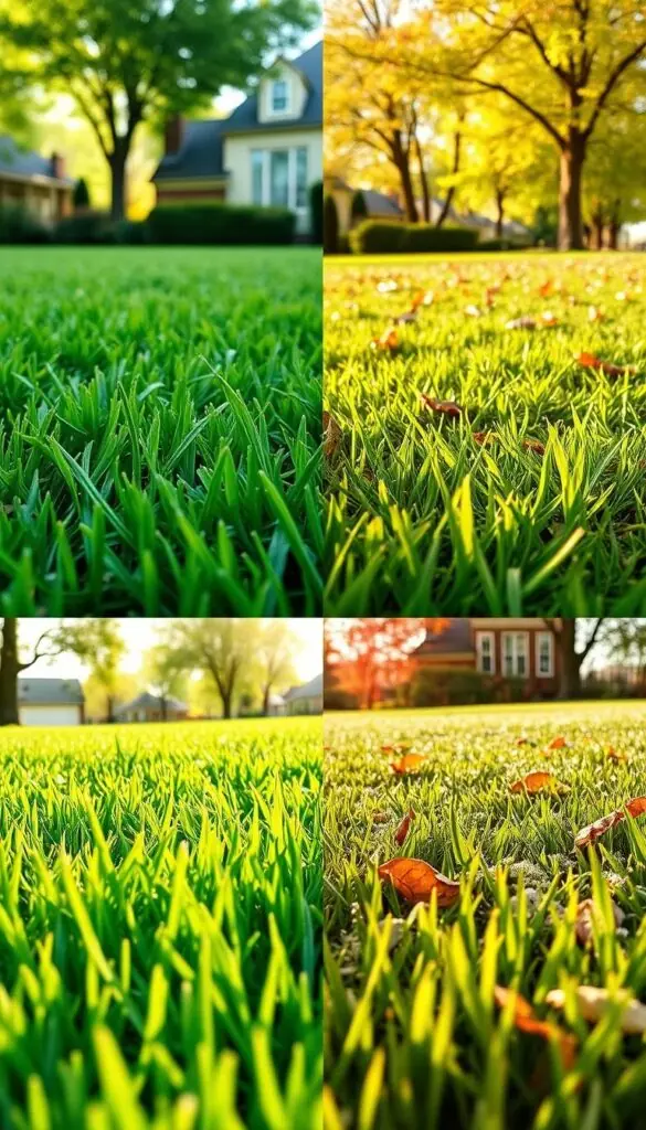 A lush, verdant lawn during the four seasons of the year. In the foreground, close-up shots of healthy, well-manicured grass blades, illuminated by soft, warm lighting. In the middle ground, a seasonal progression of lawn care tasks - aerating in the spring, overseeding in the fall, mowing at the optimal height throughout. The background frames a suburban or rural setting, with a changing palette of colors and textures to represent the shift in seasons - budding trees in spring, lush foliage in summer, fallen leaves in autumn, a dusting of snow in winter. The overall scene conveys a sense of order, balance, and the rhythmic cycle of lawn maintenance for optimal growth and appearance. A lush, verdant lawn during the four seasons of the year. In the foreground, close-up shots of healthy, well-manicured grass blades, illuminated by soft, warm lighting. In the middle ground, a seasonal progression of lawn care tasks - aerating in the spring, overseeding in the fall, mowing at the optimal height throughout. The background frames a suburban or rural setting, with a changing palette of colors and textures to represent the shift in seasons - budding trees in spring, lush foliage in summer, fallen leaves in autumn, a dusting of snow in winter. The overall scene conveys a sense of order, balance, and the rhythmic cycle of lawn maintenance for optimal growth and appearance.
