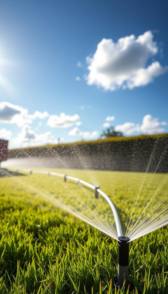 A lush, verdant lawn glistening under the warm afternoon sun, with a well-designed water irrigation system at the center. In the foreground, a sprinkler system sprays a gentle mist over the vibrant grass, creating a serene, peaceful atmosphere. In the middle ground, a series of sleek, modern irrigation pipes wind through the landscape, efficiently delivering water to the thirsty lawn. In the background, a bright blue sky dotted with fluffy white clouds creates a sense of tranquility. The lighting is natural and soft, highlighting the verdant hues of the grass and the shimmering water droplets. The overall scene conveys a sense of effortless, sustainable lawn care that saves time and reduces water waste. A lush, verdant lawn glistening under the warm afternoon sun, with a well-designed water irrigation system at the center. In the foreground, a sprinkler system sprays a gentle mist over the vibrant grass, creating a serene, peaceful atmosphere. In the middle ground, a series of sleek, modern irrigation pipes wind through the landscape, efficiently delivering water to the thirsty lawn. In the background, a bright blue sky dotted with fluffy white clouds creates a sense of tranquility. The lighting is natural and soft, highlighting the verdant hues of the grass and the shimmering water droplets. The overall scene conveys a sense of effortless, sustainable lawn care that saves time and reduces water waste.