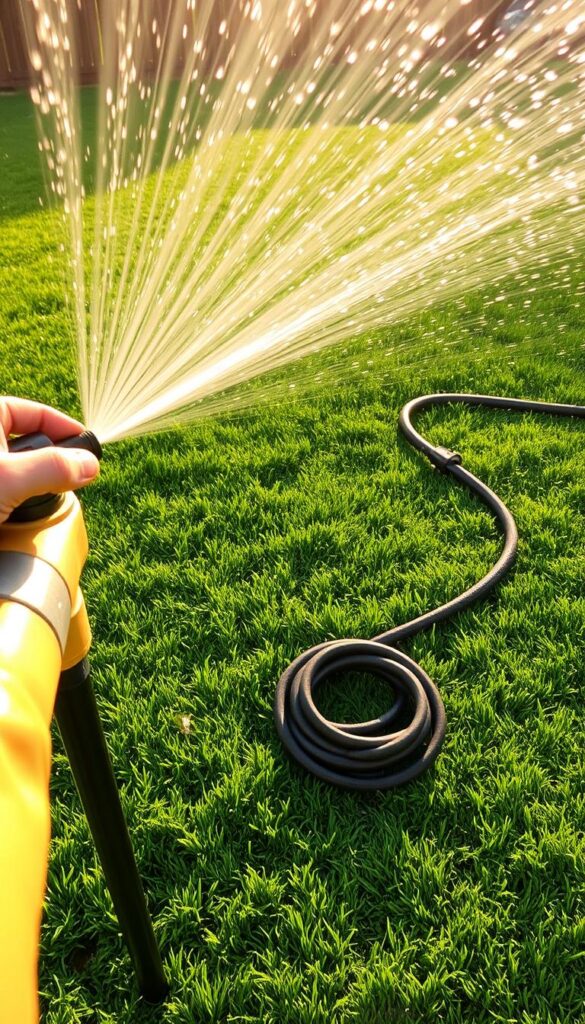 A lush, verdant lawn glistens under the warm, golden hues of the sun. In the foreground, a gardener's hand carefully adjusts the nozzle of a sprinkler, calibrating the water flow and coverage. The mist sprays outward, catching the light and creating a mesmerizing dance of water droplets. In the middle ground, a well-maintained garden hose snakes across the grass, its coils neatly organized and ready for the next watering session. In the background, a wooden fence frames the scene, suggesting a tranquil, suburban setting. The overall atmosphere conveys a sense of care, attention to detail, and a deep appreciation for the beauty and health of the lawn. A lush, verdant lawn glistens under the warm, golden hues of the sun. In the foreground, a gardener's hand carefully adjusts the nozzle of a sprinkler, calibrating the water flow and coverage. The mist sprays outward, catching the light and creating a mesmerizing dance of water droplets. In the middle ground, a well-maintained garden hose snakes across the grass, its coils neatly organized and ready for the next watering session. In the background, a wooden fence frames the scene, suggesting a tranquil, suburban setting. The overall atmosphere conveys a sense of care, attention to detail, and a deep appreciation for the beauty and health of the lawn.