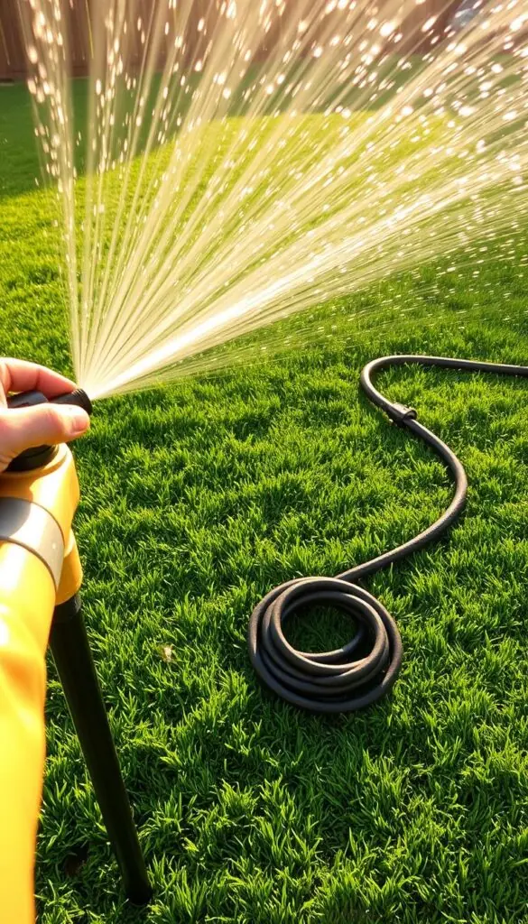 A lush, verdant lawn glistens under the warm, golden hues of the sun. In the foreground, a gardener's hand carefully adjusts the nozzle of a sprinkler, calibrating the water flow and coverage. The mist sprays outward, catching the light and creating a mesmerizing dance of water droplets. In the middle ground, a well-maintained garden hose snakes across the grass, its coils neatly organized and ready for the next watering session. In the background, a wooden fence frames the scene, suggesting a tranquil, suburban setting. The overall atmosphere conveys a sense of care, attention to detail, and a deep appreciation for the beauty and health of the lawn. A lush, verdant lawn glistens under the warm, golden hues of the sun. In the foreground, a gardener's hand carefully adjusts the nozzle of a sprinkler, calibrating the water flow and coverage. The mist sprays outward, catching the light and creating a mesmerizing dance of water droplets. In the middle ground, a well-maintained garden hose snakes across the grass, its coils neatly organized and ready for the next watering session. In the background, a wooden fence frames the scene, suggesting a tranquil, suburban setting. The overall atmosphere conveys a sense of care, attention to detail, and a deep appreciation for the beauty and health of the lawn.