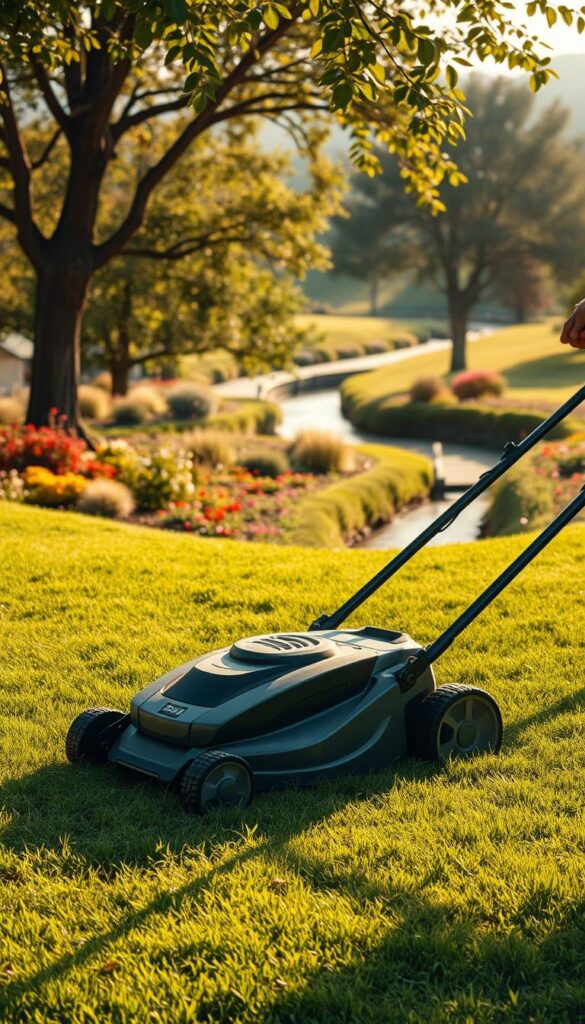 A lush, verdant lawn in a tranquil, sun-dappled setting. In the foreground, a modern mulching mower effortlessly glides over the well-manicured grass, its blades finely chopping the clippings and dispersing them evenly. In the middle ground, a vibrant assortment of seasonal flowers and foliage frame the scene, their colors and textures creating a harmonious composition. The background features a picturesque landscape, with rolling hills, a meandering stream, and mature trees that cast soft, diffused shadows across the lawn. The lighting is warm and natural, with the sun's golden rays filtering through the leaves and illuminating the entire scene. The overall atmosphere is one of serenity, productivity, and a deep appreciation for the beauty of a well-maintained, thriving lawn.