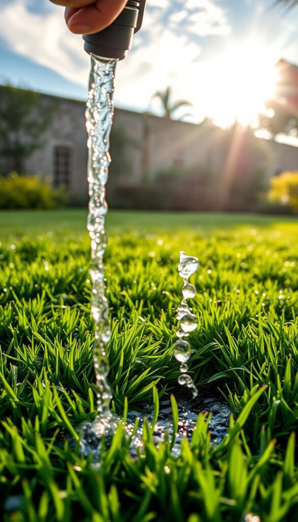 A lush, verdant lawn in the early morning light, dew glistening on the blades of grass. In the foreground, a hand-held garden hose slowly cascades water, creating a gentle, soothing stream that saturates the soil. The flow is steady, unhurried, nourishing the lawn's deep roots. Sunlight filters through wispy clouds, casting a warm, diffused glow over the scene. The camera angle is low, capturing the water's trajectory as it sinks into the earth, encouraging robust growth and resilience. An atmosphere of tranquility and deliberate care pervades the moment, reflecting the nurturing process of establishing a thriving, healthy lawn.
