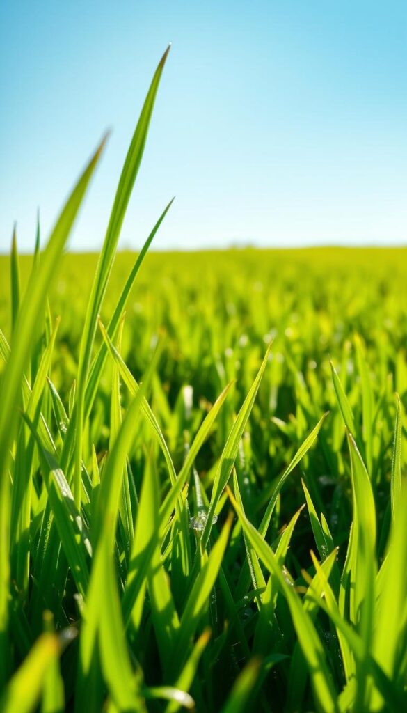 A lush, verdant lawn in the early morning sunlight. Blades of fresh, vibrant green grass sway gently in a light breeze. Dew glistens on the tips, reflecting the warm, golden rays. In the foreground, a young, healthy grass sprout emerges, its tender leaves unfurling. The middle ground showcases a well-manicured, even carpet of new grass, recently mowed to the ideal height. In the background, a picturesque scene of a mature, thriving lawn, its deep green hue complemented by the clear blue sky above. The overall composition exudes a sense of rejuvenation and vitality, perfectly capturing the essence of nurturing new grass in its first crucial weeks.