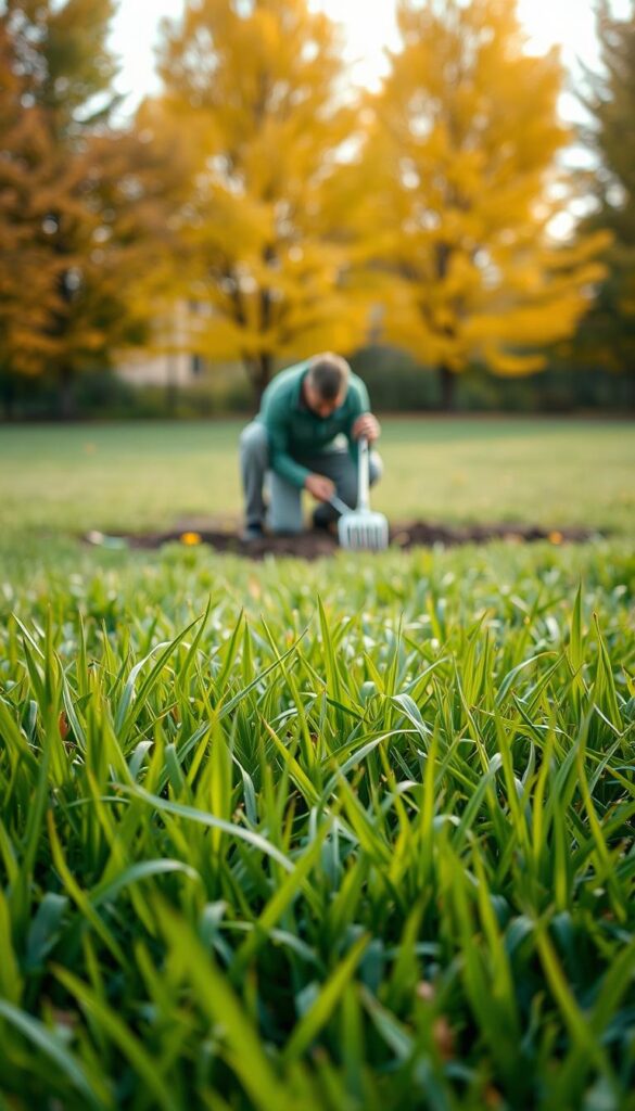 A lush, verdant lawn in the foreground, the blades of grass swaying gently in the autumn breeze. In the middle ground, a gardener kneeling, carefully aerating the soil with a steel garden fork, preparing the lawn for the winter ahead. In the background, a row of trees in vibrant fall foliage, casting a warm, golden glow over the scene. Soft, diffused lighting illuminates the details, creating a sense of peaceful tranquility. The composition is balanced, with the gardener's actions drawing the viewer's eye to the center of the frame. The overall mood is one of thoughtful preparation and care for the land. A lush, verdant lawn in the foreground, the blades of grass swaying gently in the autumn breeze. In the middle ground, a gardener kneeling, carefully aerating the soil with a steel garden fork, preparing the lawn for the winter ahead. In the background, a row of trees in vibrant fall foliage, casting a warm, golden glow over the scene. Soft, diffused lighting illuminates the details, creating a sense of peaceful tranquility. The composition is balanced, with the gardener's actions drawing the viewer's eye to the center of the frame. The overall mood is one of thoughtful preparation and care for the land.