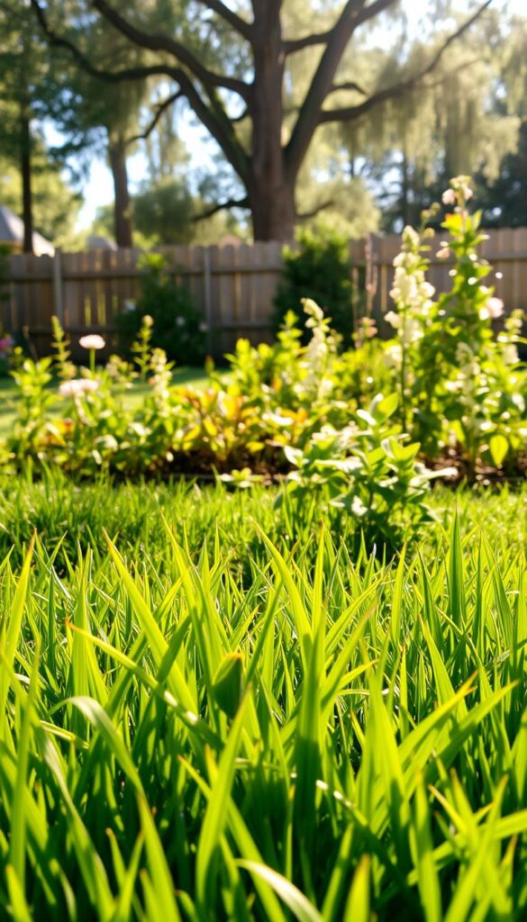 A lush, verdant lawn in the foreground, with blades of grass swaying gently in the breeze. In the middle ground, a healthy, thriving garden featuring a diverse array of native plants and flowers, all nourished by organic fertilizers and compost. The background showcases a tranquil, sun-dappled backyard, with a wooden fence and a few towering trees providing natural shade and habitat for local wildlife. The lighting is soft and natural, creating a warm, inviting atmosphere that conveys the beauty and harmony of an organically maintained outdoor space. The overall scene exudes a sense of balance, sustainability, and a deep connection to the natural world.
