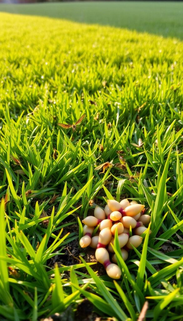 A lush, verdant lawn is teeming with life, both beneficial and detrimental. In the foreground, a cluster of grubs burrow through the soil, their pale, plump bodies glistening. Nearby, a swarm of insects, their wings a kaleidoscope of colors, flutter and crawl, disrupting the delicate balance of the ecosystem. In the middle ground, patches of discolored, stressed grass hint at the unseen damage these pests have wrought. The background is a meticulously manicured landscape, with the sun casting warm, golden light over the scene, underscoring the contrast between the thriving beauty and the hidden threats. Capture this dynamic interplay of nature's cycles, where the unseen can undermine the lush, green paradise. A lush, verdant lawn is teeming with life, both beneficial and detrimental. In the foreground, a cluster of grubs burrow through the soil, their pale, plump bodies glistening. Nearby, a swarm of insects, their wings a kaleidoscope of colors, flutter and crawl, disrupting the delicate balance of the ecosystem. In the middle ground, patches of discolored, stressed grass hint at the unseen damage these pests have wrought. The background is a meticulously manicured landscape, with the sun casting warm, golden light over the scene, underscoring the contrast between the thriving beauty and the hidden threats. Capture this dynamic interplay of nature's cycles, where the unseen can undermine the lush, green paradise.