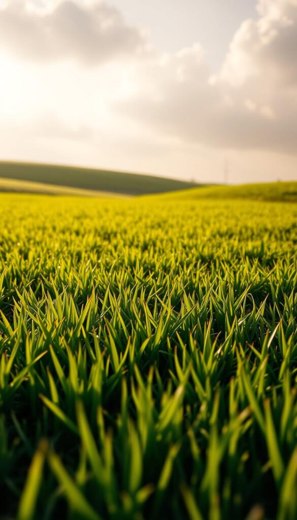 A lush, verdant lawn of dense, resilient grass blades gently swaying in a warm, golden light. The foreground showcases a vibrant carpet of emerald-green grass, each blade precisely detailed with subtle variations in tone and texture. In the middle ground, the grass transitions seamlessly into a soft, undulating landscape, its depth and dimensionality captured through carefully rendered shadows and highlights. The background features a hazy, atmospheric sky with soft, billowing clouds, creating a sense of depth and natural harmony. The overall composition conveys a serene, inviting atmosphere, highlighting the suitability of this grass variety for thriving in clay-based soils.