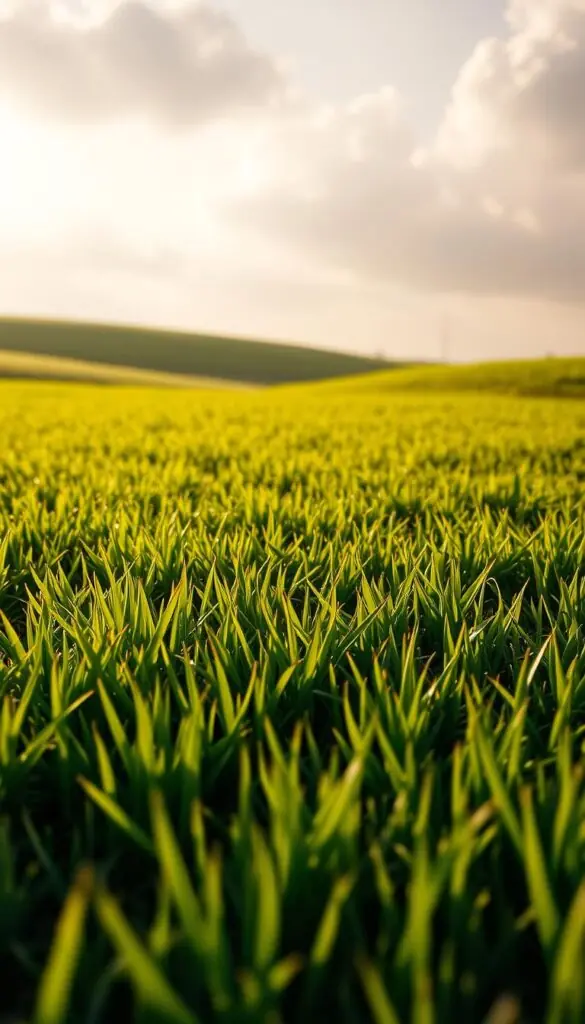 A lush, verdant lawn of dense, resilient grass blades gently swaying in a warm, golden light. The foreground showcases a vibrant carpet of emerald-green grass, each blade precisely detailed with subtle variations in tone and texture. In the middle ground, the grass transitions seamlessly into a soft, undulating landscape, its depth and dimensionality captured through carefully rendered shadows and highlights. The background features a hazy, atmospheric sky with soft, billowing clouds, creating a sense of depth and natural harmony. The overall composition conveys a serene, inviting atmosphere, highlighting the suitability of this grass variety for thriving in clay-based soils. A lush, verdant lawn of dense, resilient grass blades gently swaying in a warm, golden light. The foreground showcases a vibrant carpet of emerald-green grass, each blade precisely detailed with subtle variations in tone and texture. In the middle ground, the grass transitions seamlessly into a soft, undulating landscape, its depth and dimensionality captured through carefully rendered shadows and highlights. The background features a hazy, atmospheric sky with soft, billowing clouds, creating a sense of depth and natural harmony. The overall composition conveys a serene, inviting atmosphere, highlighting the suitability of this grass variety for thriving in clay-based soils.