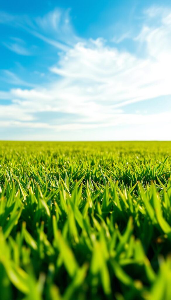 A lush, verdant lawn sprawls across the frame, its blades of grass gently swaying in the soft breeze. The foreground is a close-up view, showcasing the intricate textures and subtle variations in the lawn's color, from deep emerald hues to lighter, vibrant shades. The middle ground reveals the lawn's expanse, stretching out evenly with a well-maintained, uniform appearance. In the background, a clear blue sky with wispy clouds creates a serene, tranquil atmosphere. The lighting is natural, casting a warm, golden glow that enhances the lawn's vibrant hues. The overall composition conveys a sense of inviting tranquility, hinting at the lawn's readiness for its first mow. A lush, verdant lawn sprawls across the frame, its blades of grass gently swaying in the soft breeze. The foreground is a close-up view, showcasing the intricate textures and subtle variations in the lawn's color, from deep emerald hues to lighter, vibrant shades. The middle ground reveals the lawn's expanse, stretching out evenly with a well-maintained, uniform appearance. In the background, a clear blue sky with wispy clouds creates a serene, tranquil atmosphere. The lighting is natural, casting a warm, golden glow that enhances the lawn's vibrant hues. The overall composition conveys a sense of inviting tranquility, hinting at the lawn's readiness for its first mow.
