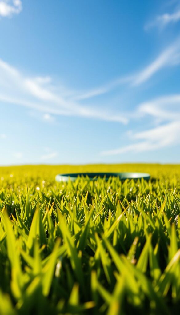 A lush, verdant lawn stretches across the foreground, its blades glistening with droplets of water under the warm, golden sunlight. In the middle ground, a simple garden hose lies coiled, ready to dispense the precise amount of hydration needed to sustain this thriving greenery. The background features a clear blue sky, dotted with wispy clouds, creating a serene, calming atmosphere. The scene conveys a sense of effortless maintenance, where the optimal "inches per week" of water nourish the lawn, resulting in a vibrant, healthy appearance all year round. A lush, verdant lawn stretches across the foreground, its blades glistening with droplets of water under the warm, golden sunlight. In the middle ground, a simple garden hose lies coiled, ready to dispense the precise amount of hydration needed to sustain this thriving greenery. The background features a clear blue sky, dotted with wispy clouds, creating a serene, calming atmosphere. The scene conveys a sense of effortless maintenance, where the optimal "inches per week" of water nourish the lawn, resulting in a vibrant, healthy appearance all year round.