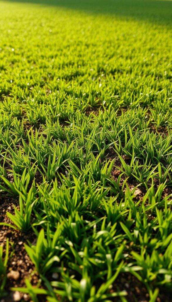 A lush, verdant lawn stretches out, blanketed in a mosaic of vibrant, emerald grass blades. The soil beneath, a rich, earthy brown, is dotted with specks of organic matter and occasional weed sprouts. Soft, warm sunlight filters through wispy clouds, casting gentle shadows and highlighting the intricate texture of the grass. The scene exudes a sense of tranquility and natural harmony, inviting the viewer to imagine the ideal conditions for nurturing a thriving lawn. A shallow depth of field blurs the background, keeping the focus on the delicate interplay between the grass and soil. A lush, verdant lawn stretches out, blanketed in a mosaic of vibrant, emerald grass blades. The soil beneath, a rich, earthy brown, is dotted with specks of organic matter and occasional weed sprouts. Soft, warm sunlight filters through wispy clouds, casting gentle shadows and highlighting the intricate texture of the grass. The scene exudes a sense of tranquility and natural harmony, inviting the viewer to imagine the ideal conditions for nurturing a thriving lawn. A shallow depth of field blurs the background, keeping the focus on the delicate interplay between the grass and soil.