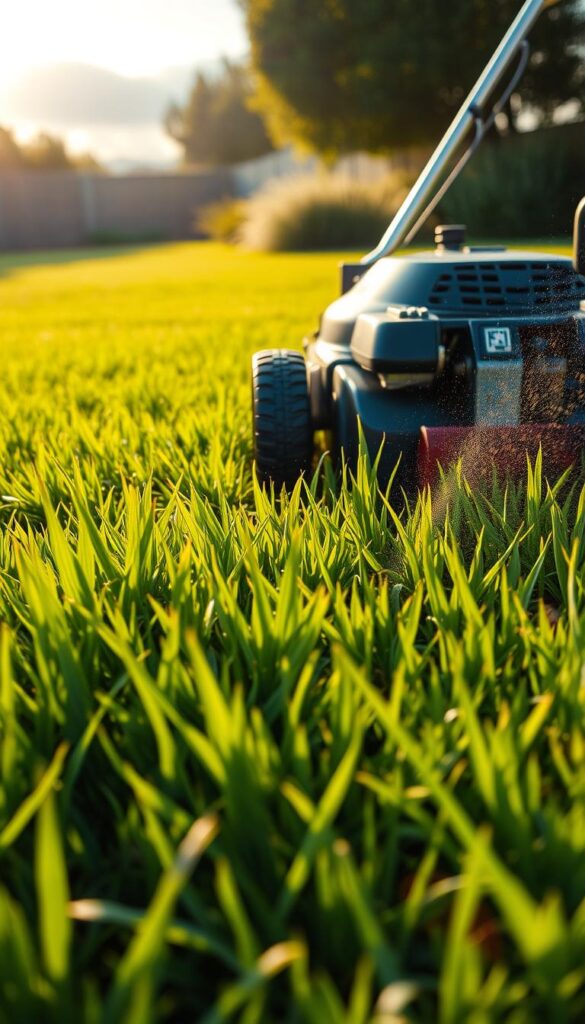 A lush, verdant lawn stretches out, its emerald blades swaying gently in the warm summer breeze. A powerful lawn mower, its chrome finish gleaming, carves precise, parallel lines through the grass, leaving behind a meticulously manicured surface. The mower's sharp blades slice through the tall, resilient stems, encouraging deeper root growth and a healthier, more vibrant lawn. Warm, golden sunlight filters through wispy clouds, casting a soft, natural illumination across the scene. The overall mood is one of tranquility, productivity, and a deep connection to the rhythms of nature.