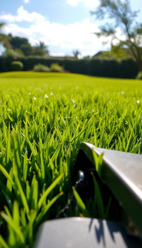 A lush, verdant lawn stretches out, the sunlight gently filtering through wispy clouds. In the foreground, a close-up view of a sharp, gleaming mowing blade effortlessly slices through the thick, healthy blades of grass, leaving behind a crisp, even trim. The blade's keen edge catches the light, hinting at its precision. The middle ground reveals the mower's steady progress, leaving behind a meticulously groomed swath of grass. In the background, the manicured lawn seamlessly blends into a tranquil, natural setting, conveying a sense of harmony between the human-tended and the wild. This image evokes the importance of proper mowing techniques in maintaining a thriving, organic lawn.