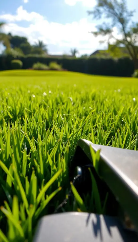 A lush, verdant lawn stretches out, the sunlight gently filtering through wispy clouds. In the foreground, a close-up view of a sharp, gleaming mowing blade effortlessly slices through the thick, healthy blades of grass, leaving behind a crisp, even trim. The blade's keen edge catches the light, hinting at its precision. The middle ground reveals the mower's steady progress, leaving behind a meticulously groomed swath of grass. In the background, the manicured lawn seamlessly blends into a tranquil, natural setting, conveying a sense of harmony between the human-tended and the wild. This image evokes the importance of proper mowing techniques in maintaining a thriving, organic lawn. A lush, verdant lawn stretches out, the sunlight gently filtering through wispy clouds. In the foreground, a close-up view of a sharp, gleaming mowing blade effortlessly slices through the thick, healthy blades of grass, leaving behind a crisp, even trim. The blade's keen edge catches the light, hinting at its precision. The middle ground reveals the mower's steady progress, leaving behind a meticulously groomed swath of grass. In the background, the manicured lawn seamlessly blends into a tranquil, natural setting, conveying a sense of harmony between the human-tended and the wild. This image evokes the importance of proper mowing techniques in maintaining a thriving, organic lawn.