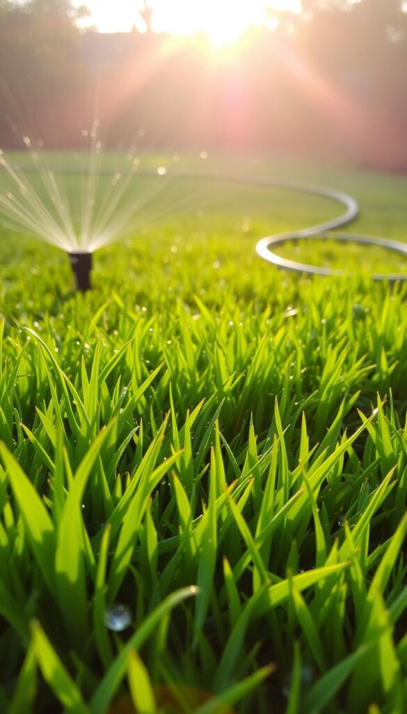 A lush, verdant lawn stretches out under a warm, golden-hour sun. In the foreground, water droplets glisten on thick, emerald blades, hinting at a recent deep, infrequent soak. In the middle ground, a sprinkler head rises from the soil, casting a gentle, uniform arc of water that nourishes the thirsty grass. Beyond, a hose winds across the lawn, coiled and ready for the next targeted, slow-drip application. The scene conveys a sense of water-smart, sustainable lawn care - one that prioritizes deep root development over constant, shallow watering.