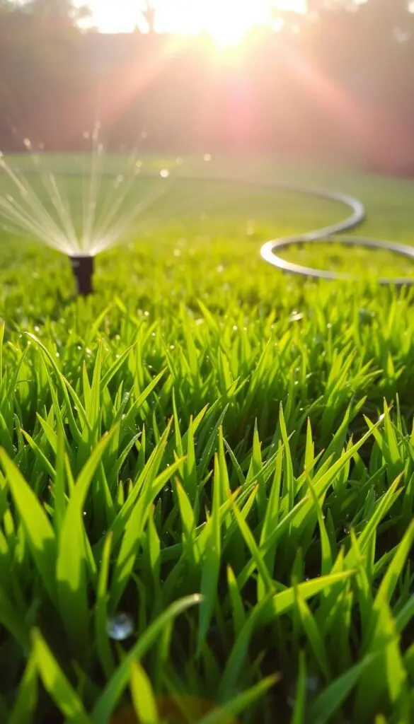 A lush, verdant lawn stretches out under a warm, golden-hour sun. In the foreground, water droplets glisten on thick, emerald blades, hinting at a recent deep, infrequent soak. In the middle ground, a sprinkler head rises from the soil, casting a gentle, uniform arc of water that nourishes the thirsty grass. Beyond, a hose winds across the lawn, coiled and ready for the next targeted, slow-drip application. The scene conveys a sense of water-smart, sustainable lawn care - one that prioritizes deep root development over constant, shallow watering. A lush, verdant lawn stretches out under a warm, golden-hour sun. In the foreground, water droplets glisten on thick, emerald blades, hinting at a recent deep, infrequent soak. In the middle ground, a sprinkler head rises from the soil, casting a gentle, uniform arc of water that nourishes the thirsty grass. Beyond, a hose winds across the lawn, coiled and ready for the next targeted, slow-drip application. The scene conveys a sense of water-smart, sustainable lawn care - one that prioritizes deep root development over constant, shallow watering.