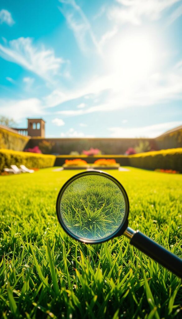 A lush, verdant lawn stretches out under a warm, golden sun. In the foreground, a magnifying glass hovers over the grass, revealing the intricate patterns and textures of the blades. The middle ground showcases a serene garden scene, with vibrant flowers and well-manicured hedges framing the lawn. In the background, a clear blue sky dotted with wispy clouds creates a peaceful, tranquil atmosphere. The lighting is soft and natural, casting subtle shadows that enhance the depth and dimensions of the scene. The overall composition conveys a sense of observation, contemplation, and a thoughtful approach to caring for a healthy, thriving lawn.