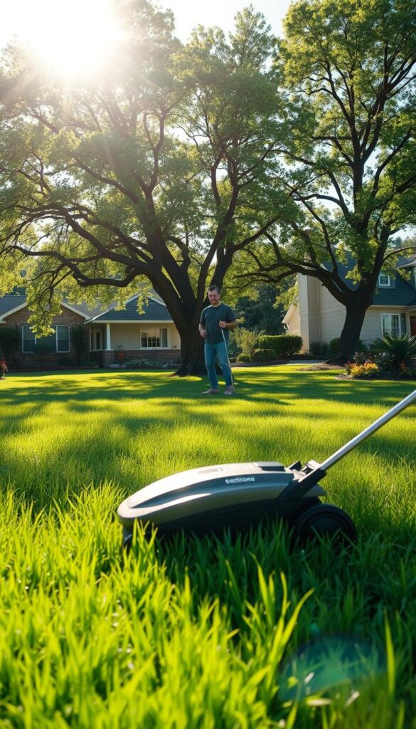 A lush, verdant lawn under a bright, warm summer sun. In the foreground, a person diligently pushing a modern, sleek electric lawn mower, its blades effortlessly gliding through the tall, healthy grass. Dappled sunlight filters through the canopy of mature trees in the middle ground, casting gentle shadows across the scene. In the background, a picturesque suburban neighborhood, with well-tended homes and vibrant gardens. The atmosphere is serene and peaceful, evoking a sense of tranquility and the restorative power of outdoor chores. The mower's silent operation and the lack of exhaust fumes add to the environmental harmony. This image perfectly captures the essence of "Mow Higher, Stress Less" - a thoughtful approach to lawn care that prioritizes the health of the grass and the well-being of the homeowner. A lush, verdant lawn under a bright, warm summer sun. In the foreground, a person diligently pushing a modern, sleek electric lawn mower, its blades effortlessly gliding through the tall, healthy grass. Dappled sunlight filters through the canopy of mature trees in the middle ground, casting gentle shadows across the scene. In the background, a picturesque suburban neighborhood, with well-tended homes and vibrant gardens. The atmosphere is serene and peaceful, evoking a sense of tranquility and the restorative power of outdoor chores. The mower's silent operation and the lack of exhaust fumes add to the environmental harmony. This image perfectly captures the essence of "Mow Higher, Stress Less" - a thoughtful approach to lawn care that prioritizes the health of the grass and the well-being of the homeowner.
