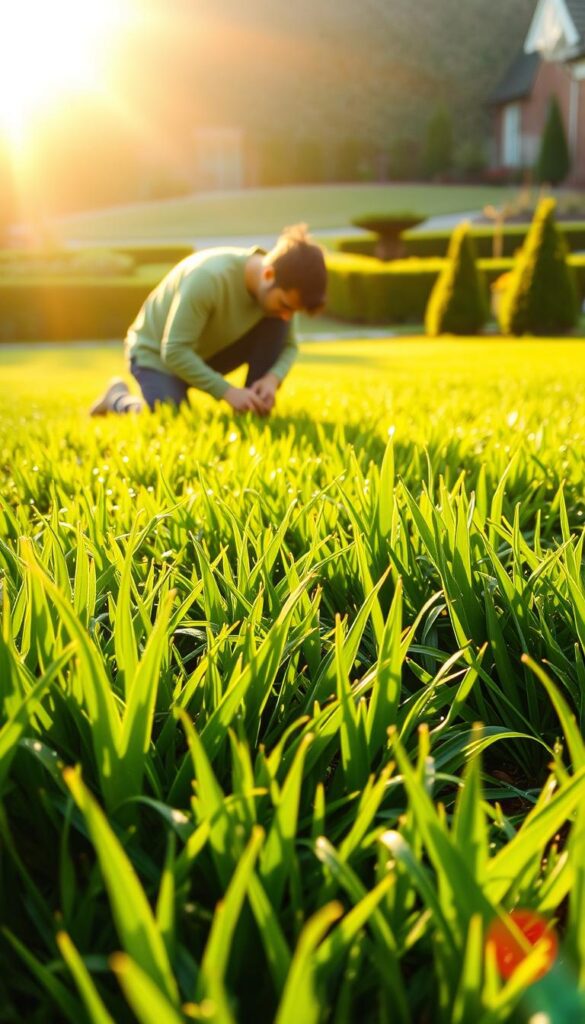 A lush, verdant lawn under the warm, golden rays of the afternoon sun. In the foreground, blades of grass glisten with dew, their vibrant green hues accentuated by the soft, diffused lighting. In the middle ground, a gardener kneels, examining the soil and inspecting for any signs of fungal infection, their hands gently caressing the grass to assess its health. The background features a well-manicured garden, with neatly trimmed hedges and a few scattered trees, creating a serene and picturesque scene. The overall mood is one of tranquility and attentive care, as the gardener takes the necessary steps to ensure the lawn's optimal health and appearance. A lush, verdant lawn under the warm, golden rays of the afternoon sun. In the foreground, blades of grass glisten with dew, their vibrant green hues accentuated by the soft, diffused lighting. In the middle ground, a gardener kneels, examining the soil and inspecting for any signs of fungal infection, their hands gently caressing the grass to assess its health. The background features a well-manicured garden, with neatly trimmed hedges and a few scattered trees, creating a serene and picturesque scene. The overall mood is one of tranquility and attentive care, as the gardener takes the necessary steps to ensure the lawn's optimal health and appearance.