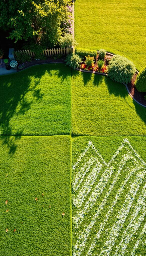 A lush, verdant lawn unfolds across a sun-dappled landscape, each quadrant showcasing a distinct season's worth of lawn care tasks. In the spring, vibrant green grass is dotted with blooming flowers, while summer brings a riot of color from carefully tended flowerbeds. Autumn ushers in a golden hue, as leaves gently drift across the neatly trimmed expanse, and winter transforms the scene into a serene, snowy wonderland. Soft, diffused lighting illuminates the scene, captured through a wide-angle lens to convey a sense of harmony and balance. The overall mood is one of tranquility and organization, inviting the viewer to explore the cyclical nature of lawn care throughout the year.