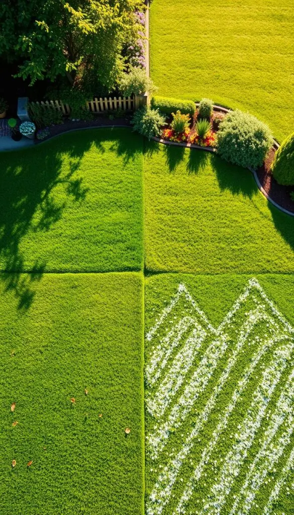 A lush, verdant lawn unfolds across a sun-dappled landscape, each quadrant showcasing a distinct season's worth of lawn care tasks. In the spring, vibrant green grass is dotted with blooming flowers, while summer brings a riot of color from carefully tended flowerbeds. Autumn ushers in a golden hue, as leaves gently drift across the neatly trimmed expanse, and winter transforms the scene into a serene, snowy wonderland. Soft, diffused lighting illuminates the scene, captured through a wide-angle lens to convey a sense of harmony and balance. The overall mood is one of tranquility and organization, inviting the viewer to explore the cyclical nature of lawn care throughout the year. A lush, verdant lawn unfolds across a sun-dappled landscape, each quadrant showcasing a distinct season's worth of lawn care tasks. In the spring, vibrant green grass is dotted with blooming flowers, while summer brings a riot of color from carefully tended flowerbeds. Autumn ushers in a golden hue, as leaves gently drift across the neatly trimmed expanse, and winter transforms the scene into a serene, snowy wonderland. Soft, diffused lighting illuminates the scene, captured through a wide-angle lens to convey a sense of harmony and balance. The overall mood is one of tranquility and organization, inviting the viewer to explore the cyclical nature of lawn care throughout the year.