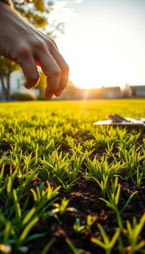 A lush, verdant lawn unfolds, dotted with vibrant seedlings emerging from the soil. The warm, golden sun casts a soft, inviting glow, illuminating the scene. In the foreground, a gardener's hand gently tamps down the earth, planting the seeds with care. The middle ground showcases a neatly organized array of gardening tools, signifying the methodical approach to this seasonal task. In the distance, a picturesque suburban landscape frames the setting, hinting at the ideal conditions for thriving grass growth. The atmosphere conveys a sense of anticipation and the promise of a bountiful, healthy lawn to come. A lush, verdant lawn unfolds, dotted with vibrant seedlings emerging from the soil. The warm, golden sun casts a soft, inviting glow, illuminating the scene. In the foreground, a gardener's hand gently tamps down the earth, planting the seeds with care. The middle ground showcases a neatly organized array of gardening tools, signifying the methodical approach to this seasonal task. In the distance, a picturesque suburban landscape frames the setting, hinting at the ideal conditions for thriving grass growth. The atmosphere conveys a sense of anticipation and the promise of a bountiful, healthy lawn to come.