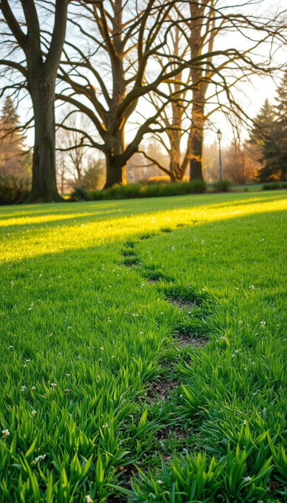 A lush, verdant lawn unfolds, its vibrant green hues peppered with delicate spring blooms. In the foreground, a neatly patterned path winds through the grass, guiding the viewer on a journey through the seasons. Towering trees in the background cast a warm, golden glow, their branches reaching skyward. The scene is bathed in soft, diffused light, creating a serene and inviting atmosphere. A roadmap of seasonal lawn care tasks is subtly etched into the landscape, providing a visual guide to maintaining a thriving outdoor oasis from early to late spring.