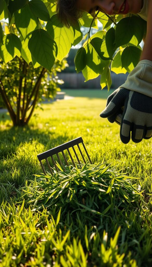 A lush, verdant lawn with a close-up view of a person's hands carefully raking through a pile of freshly mowed grass clippings. The sunlight filters gently through the leaves, casting a warm, natural glow over the scene. The person is wearing gardening gloves and their expression is one of focused concentration as they examine the clippings, troubleshooting any potential issues with the mulching process. In the background, a well-maintained lawn stretches out, showcasing the results of proper mulching techniques. The overall atmosphere conveys a sense of tranquility and the satisfaction of a well-tended outdoor space.