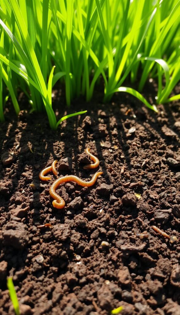 A lush, verdant lawn with a close-up view of rich, dark brown soil. The soil is teeming with life, with visible earthworms and organic matter mixed in. Sunlight filters through the grass blades, casting a warm, natural glow over the scene. The soil texture is finely grained, with a crumbly, fertile appearance. In the background, blades of vibrant green grass sway gently in a light breeze, creating a sense of movement and healthy growth. The overall composition emphasizes the importance of well-maintained, aerated soil for a thriving, thick lawn. A lush, verdant lawn with a close-up view of rich, dark brown soil. The soil is teeming with life, with visible earthworms and organic matter mixed in. Sunlight filters through the grass blades, casting a warm, natural glow over the scene. The soil texture is finely grained, with a crumbly, fertile appearance. In the background, blades of vibrant green grass sway gently in a light breeze, creating a sense of movement and healthy growth. The overall composition emphasizes the importance of well-maintained, aerated soil for a thriving, thick lawn.