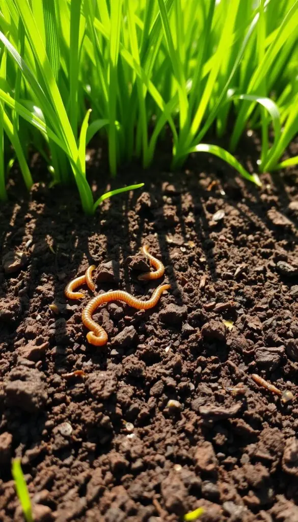 A lush, verdant lawn with a close-up view of rich, dark brown soil. The soil is teeming with life, with visible earthworms and organic matter mixed in. Sunlight filters through the grass blades, casting a warm, natural glow over the scene. The soil texture is finely grained, with a crumbly, fertile appearance. In the background, blades of vibrant green grass sway gently in a light breeze, creating a sense of movement and healthy growth. The overall composition emphasizes the importance of well-maintained, aerated soil for a thriving, thick lawn. A lush, verdant lawn with a close-up view of rich, dark brown soil. The soil is teeming with life, with visible earthworms and organic matter mixed in. Sunlight filters through the grass blades, casting a warm, natural glow over the scene. The soil texture is finely grained, with a crumbly, fertile appearance. In the background, blades of vibrant green grass sway gently in a light breeze, creating a sense of movement and healthy growth. The overall composition emphasizes the importance of well-maintained, aerated soil for a thriving, thick lawn.