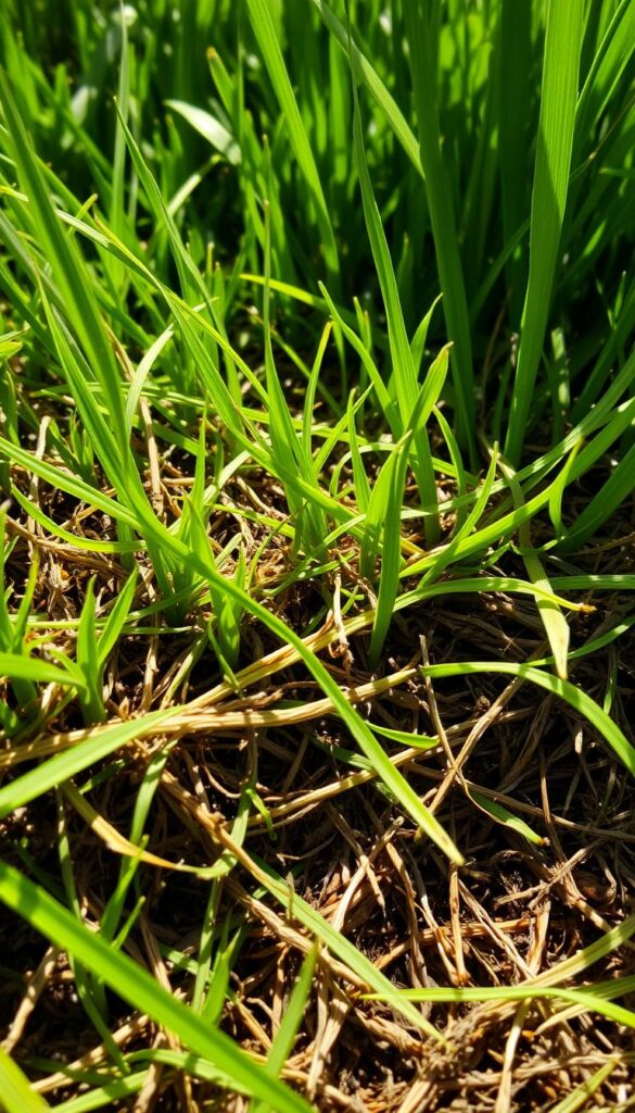 A lush, verdant lawn with a close-up view of thick, intertwined thatch at the soil's surface. The thatch appears as a dense, fibrous mat of dead and decaying grass stems, leaves, and roots. Sunlight filters through the blades, casting soft shadows that accentuate the textural depth of the thatch layer. The image has a natural, earthy tone, conveying the importance of this organic material in maintaining a healthy, vibrant lawn. Shot with a macro lens at a low angle to emphasize the intricate structure of the thatch. The scene exudes a sense of vitality and the need for proper lawn aeration and thatch management.