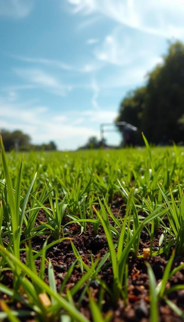 A lush, verdant lawn with a serene, sunlit atmosphere. In the foreground, the ground is dotted with small, circular aeration holes, revealing the rich, dark soil beneath. Blades of grass sway gently in a light breeze, creating a sense of movement and life. In the middle ground, a lawn aerator machine moves across the lawn, its metal tines puncturing the soil to improve air and water circulation. The background features a clear, azure sky with wispy clouds, creating a sense of tranquility and warmth. The overall scene conveys the importance of proper lawn aeration for a healthy, thriving lawn that can withstand the summer heat. A lush, verdant lawn with a serene, sunlit atmosphere. In the foreground, the ground is dotted with small, circular aeration holes, revealing the rich, dark soil beneath. Blades of grass sway gently in a light breeze, creating a sense of movement and life. In the middle ground, a lawn aerator machine moves across the lawn, its metal tines puncturing the soil to improve air and water circulation. The background features a clear, azure sky with wispy clouds, creating a sense of tranquility and warmth. The overall scene conveys the importance of proper lawn aeration for a healthy, thriving lawn that can withstand the summer heat.