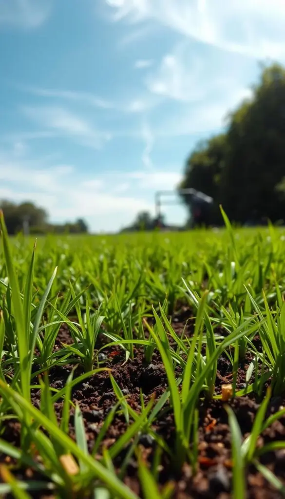 A lush, verdant lawn with a serene, sunlit atmosphere. In the foreground, the ground is dotted with small, circular aeration holes, revealing the rich, dark soil beneath. Blades of grass sway gently in a light breeze, creating a sense of movement and life. In the middle ground, a lawn aerator machine moves across the lawn, its metal tines puncturing the soil to improve air and water circulation. The background features a clear, azure sky with wispy clouds, creating a sense of tranquility and warmth. The overall scene conveys the importance of proper lawn aeration for a healthy, thriving lawn that can withstand the summer heat. A lush, verdant lawn with a serene, sunlit atmosphere. In the foreground, the ground is dotted with small, circular aeration holes, revealing the rich, dark soil beneath. Blades of grass sway gently in a light breeze, creating a sense of movement and life. In the middle ground, a lawn aerator machine moves across the lawn, its metal tines puncturing the soil to improve air and water circulation. The background features a clear, azure sky with wispy clouds, creating a sense of tranquility and warmth. The overall scene conveys the importance of proper lawn aeration for a healthy, thriving lawn that can withstand the summer heat.