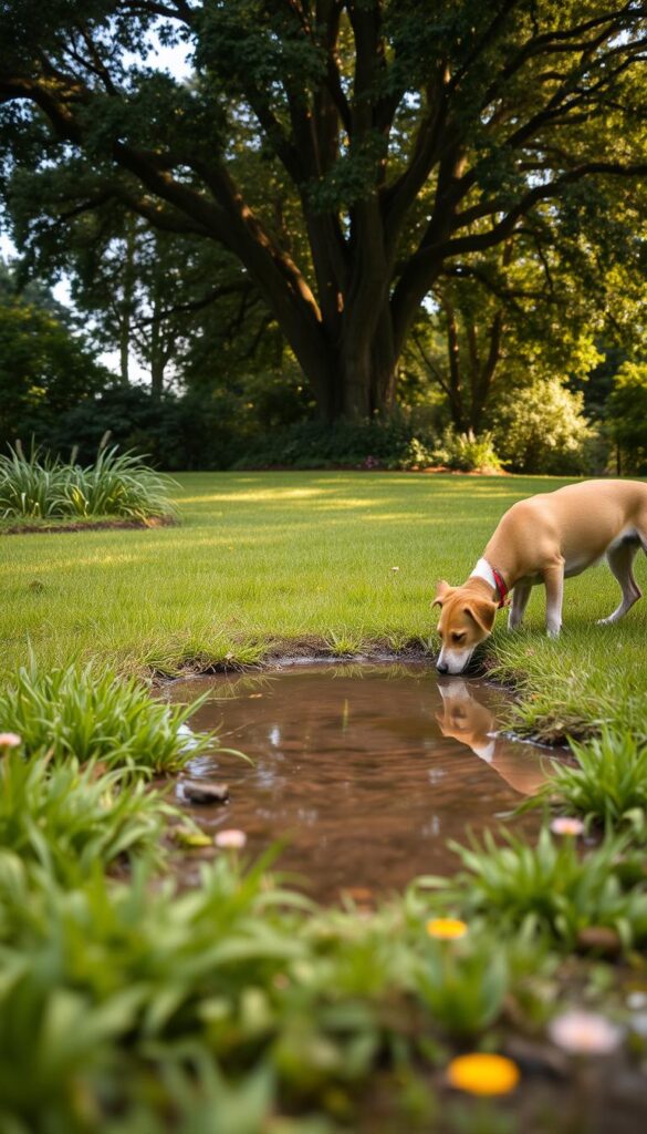 A lush, verdant lawn with a tranquil puddle reflecting the surrounding foliage. In the foreground, a playful dog laps up the cool, clear water, its paws gently disturbing the soil. The middle ground features soft, billowing grasses and a scattering of vibrant wildflowers, creating a naturalistic, pet-friendly scene. The background is dominated by a canopy of towering trees, casting a warm, dappled light over the entire composition. The overall atmosphere is one of serene harmony, inviting the viewer to imagine a peaceful, dog-friendly yard.