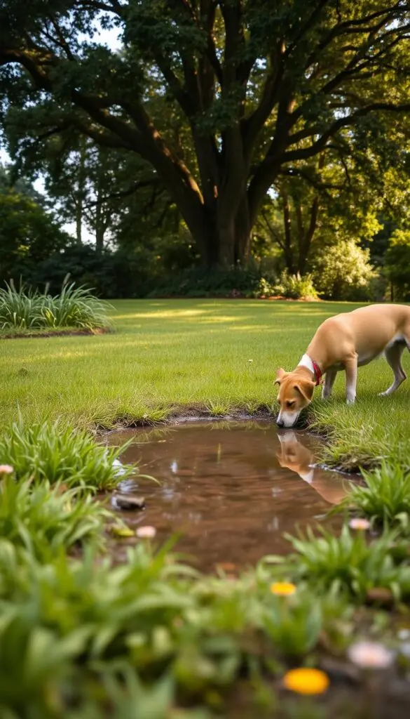 A lush, verdant lawn with a tranquil puddle reflecting the surrounding foliage. In the foreground, a playful dog laps up the cool, clear water, its paws gently disturbing the soil. The middle ground features soft, billowing grasses and a scattering of vibrant wildflowers, creating a naturalistic, pet-friendly scene. The background is dominated by a canopy of towering trees, casting a warm, dappled light over the entire composition. The overall atmosphere is one of serene harmony, inviting the viewer to imagine a peaceful, dog-friendly yard. A lush, verdant lawn with a tranquil puddle reflecting the surrounding foliage. In the foreground, a playful dog laps up the cool, clear water, its paws gently disturbing the soil. The middle ground features soft, billowing grasses and a scattering of vibrant wildflowers, creating a naturalistic, pet-friendly scene. The background is dominated by a canopy of towering trees, casting a warm, dappled light over the entire composition. The overall atmosphere is one of serene harmony, inviting the viewer to imagine a peaceful, dog-friendly yard.