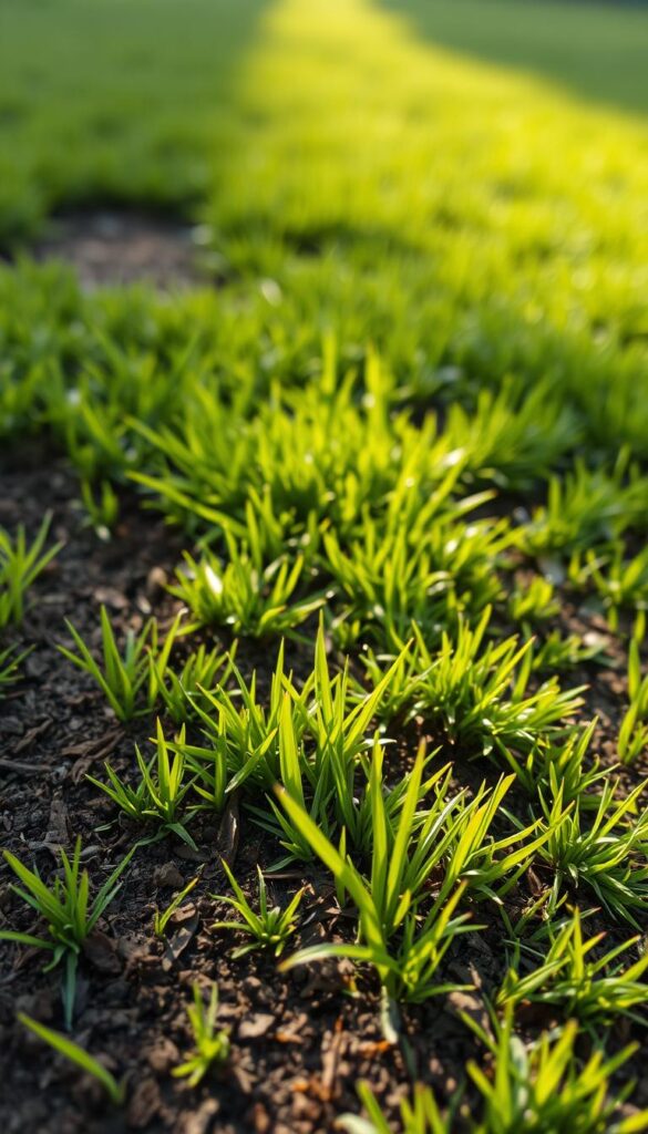 A lush, verdant lawn with a vibrant patchwork of freshly sown grass seed. The foreground features a close-up view of the soil, revealing the delicate grass seedlings just beginning to sprout, their tender blades reaching up towards the sun. The middle ground showcases the transition from bare, sparse areas to the thicker, greener tufts of established grass, creating a natural gradient. In the background, the lawn extends into the distance, hinting at the full, healthy turf that will eventually take root. The lighting is soft and diffused, casting a warm, golden glow over the scene, and the depth of field is slightly blurred, creating a sense of depth and focus on the central grass seed patches. The overall mood is one of rejuvenation and growth, capturing the pivotal moment in the process of revitalizing a lawn.