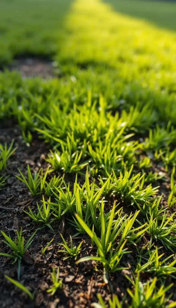 A lush, verdant lawn with a vibrant patchwork of freshly sown grass seed. The foreground features a close-up view of the soil, revealing the delicate grass seedlings just beginning to sprout, their tender blades reaching up towards the sun. The middle ground showcases the transition from bare, sparse areas to the thicker, greener tufts of established grass, creating a natural gradient. In the background, the lawn extends into the distance, hinting at the full, healthy turf that will eventually take root. The lighting is soft and diffused, casting a warm, golden glow over the scene, and the depth of field is slightly blurred, creating a sense of depth and focus on the central grass seed patches. The overall mood is one of rejuvenation and growth, capturing the pivotal moment in the process of revitalizing a lawn. A lush, verdant lawn with a vibrant patchwork of freshly sown grass seed. The foreground features a close-up view of the soil, revealing the delicate grass seedlings just beginning to sprout, their tender blades reaching up towards the sun. The middle ground showcases the transition from bare, sparse areas to the thicker, greener tufts of established grass, creating a natural gradient. In the background, the lawn extends into the distance, hinting at the full, healthy turf that will eventually take root. The lighting is soft and diffused, casting a warm, golden glow over the scene, and the depth of field is slightly blurred, creating a sense of depth and focus on the central grass seed patches. The overall mood is one of rejuvenation and growth, capturing the pivotal moment in the process of revitalizing a lawn.
