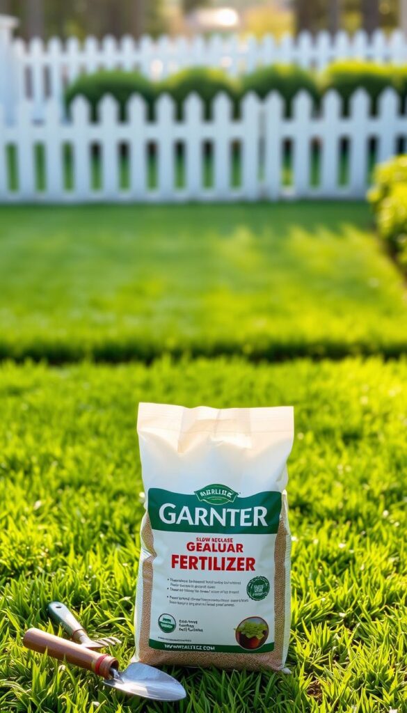 A lush, verdant lawn with a well-organized fertilizer plan in the foreground. A bag of slow-release granular fertilizer sits prominently, surrounded by small gardening tools like a trowel and a hand cultivator. In the middle ground, a manicured lawn stretches out, its blades of grass glistening with morning dew under soft, diffused sunlight. The background features a picket fence or a row of neatly trimmed shrubs, creating a sense of idyllic suburban tranquility. The overall mood is one of harmony, productivity, and the joy of effortless lawn care. A lush, verdant lawn with a well-organized fertilizer plan in the foreground. A bag of slow-release granular fertilizer sits prominently, surrounded by small gardening tools like a trowel and a hand cultivator. In the middle ground, a manicured lawn stretches out, its blades of grass glistening with morning dew under soft, diffused sunlight. The background features a picket fence or a row of neatly trimmed shrubs, creating a sense of idyllic suburban tranquility. The overall mood is one of harmony, productivity, and the joy of effortless lawn care.