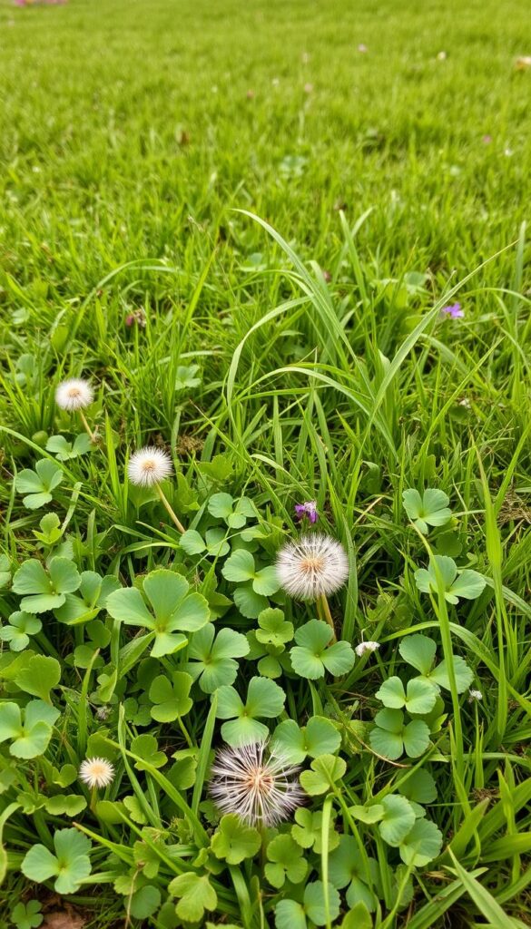 A lush, verdant lawn with an array of common weed types spread throughout, captured in a naturalistic, documentary-style photograph. The foreground features a variety of broadleaf weeds such as dandelions, clover, and plantain, their vibrant green leaves and distinctive shapes contrasting against the soft, textured grass. In the middle ground, grassy weeds like crabgrass and nutsedge stand tall, their slender blades creating a layered, dynamic composition. The background gently fades into a soft, out-of-focus blur, hinting at the expansive nature of the lawn. The lighting is natural and diffused, casting a warm, inviting glow over the scene. The overall impression is one of an up-close, detailed study of the common weed types that often plague American lawns.