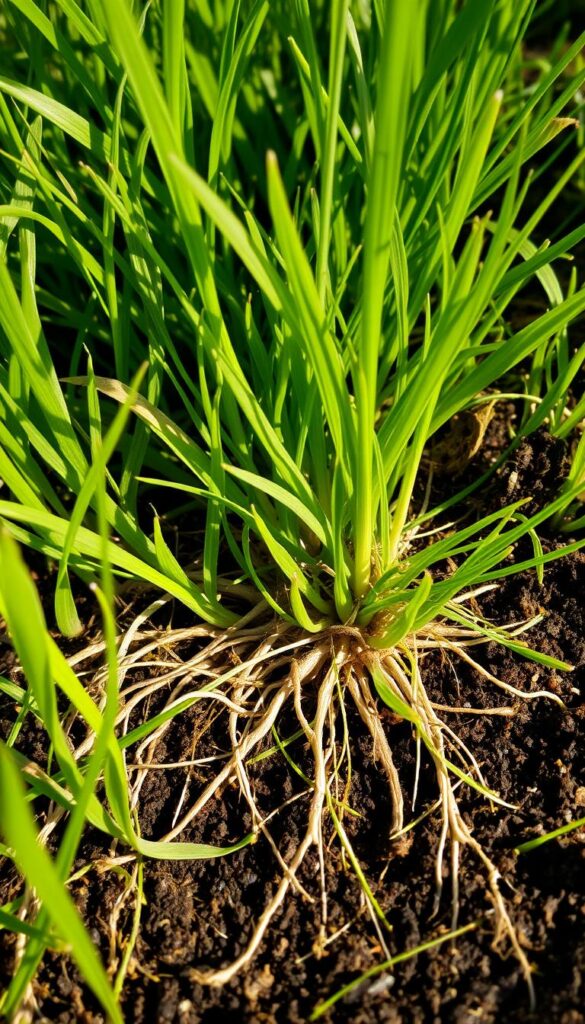 A lush, verdant lawn with delicate, intricately woven grass roots visible underneath the soil. The roots reach deep into the earth, anchoring the blades of grass with a intricate network of fibers. A sharp, close-up view reveals the intricate patterns and textures of the roots, highlighting their importance in the early establishment of a new lawn. Warm, diffused natural lighting illuminates the scene, casting soft shadows that accentuate the depth and detail of the root structure. The overall mood is one of growth, vitality and the hidden foundations that support a thriving lawn. A lush, verdant lawn with delicate, intricately woven grass roots visible underneath the soil. The roots reach deep into the earth, anchoring the blades of grass with a intricate network of fibers. A sharp, close-up view reveals the intricate patterns and textures of the roots, highlighting their importance in the early establishment of a new lawn. Warm, diffused natural lighting illuminates the scene, casting soft shadows that accentuate the depth and detail of the root structure. The overall mood is one of growth, vitality and the hidden foundations that support a thriving lawn.