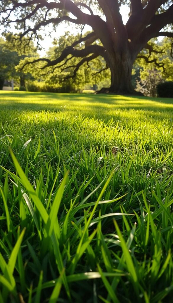 A lush, verdant lawn with patches of sunlight and shade dancing across the grass. In the foreground, blades of grass sway gently in a soft breeze, their tips glimmering with dew. The middle ground features a mix of sunlit and shadowed areas, creating a visually striking contrast. In the background, a mature oak tree casts a dappled pattern of light and shadow, its branches reaching skyward. The scene is bathed in the warm, golden glow of a late afternoon sun, creating a serene and inviting atmosphere. The overall composition highlights the natural beauty and low-maintenance appeal of a well-designed, sustainable lawn.
