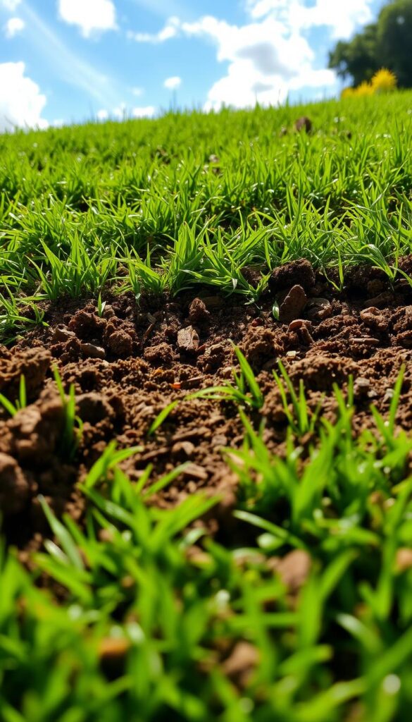 A lush, verdant lawn with patches of upturned, rich brown soil, ready to be nourished and revived. Sunlight filters through wispy clouds, casting a warm, natural glow over the scene. Textured soil clumps and crumbs create a tactile, earthy composition, inviting the viewer to imagine the restorative process of aerating and topping the lawn. The image conveys a sense of potential, a lawn in transition, poised to thrive in the upcoming fall season after enduring the summer's heat stress. A close-up, medium-shot perspective emphasizes the details of the soil preparation, guiding the viewer's attention to the simple, effective steps required to revitalize a struggling lawn.