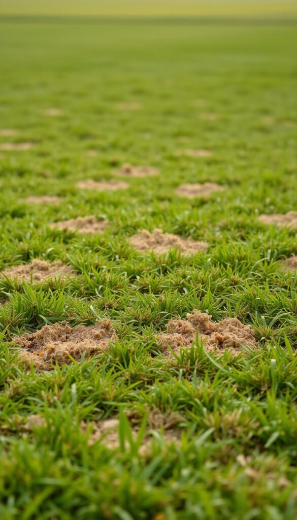 A lush, verdant lawn with scattered patches of dry, discolored grass. In the foreground, the patchy areas stand out starkly, revealing the underlying soil. The middle ground shows a transition from healthy, vibrant grass to the thinning, sparse patches. Soft, diffused lighting filters through, casting subtle shadows and highlights that accentuate the textural differences. The background blurs into a hazy, out-of-focus landscape, allowing the focus to remain on the problematic areas of the lawn. The overall mood is one of concern and a desire to address the underlying issues causing the uneven grass growth.