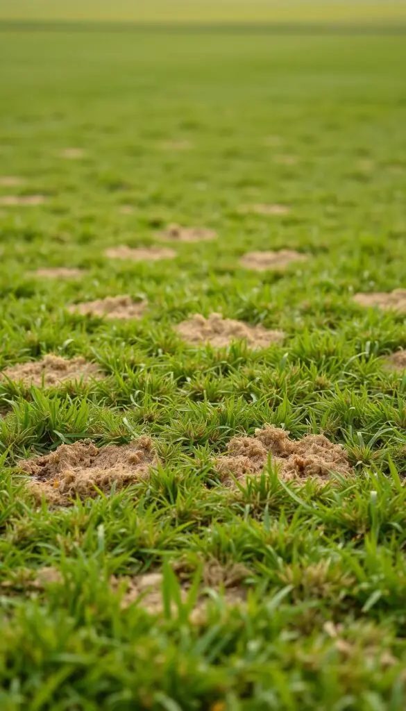 A lush, verdant lawn with scattered patches of dry, discolored grass. In the foreground, the patchy areas stand out starkly, revealing the underlying soil. The middle ground shows a transition from healthy, vibrant grass to the thinning, sparse patches. Soft, diffused lighting filters through, casting subtle shadows and highlights that accentuate the textural differences. The background blurs into a hazy, out-of-focus landscape, allowing the focus to remain on the problematic areas of the lawn. The overall mood is one of concern and a desire to address the underlying issues causing the uneven grass growth.