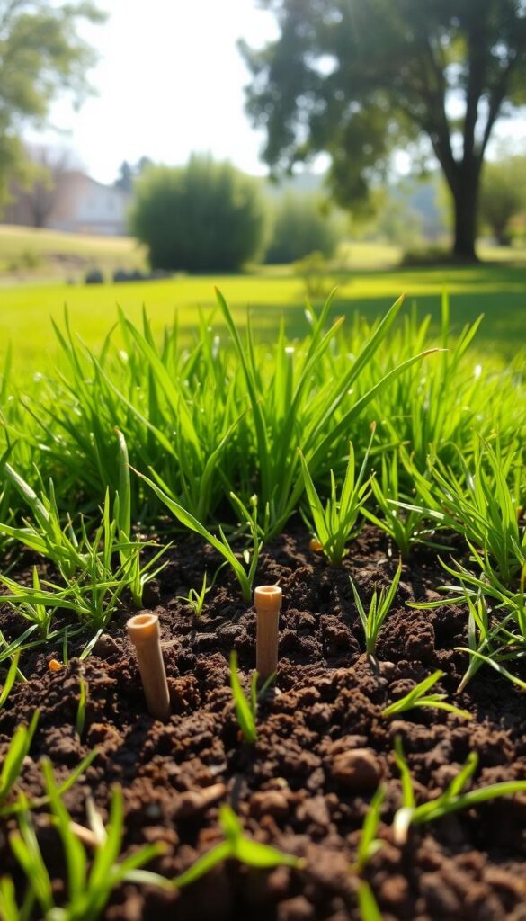 A lush, verdant lawn with soil aeration in progress. The foreground depicts soil being pierced by hollow tines, exposing the compacted earth to vital air and nutrients. In the middle ground, healthy grass blades sway gently, their roots reaching deeper into the newly aerated soil. The background showcases a tranquil, sun-dappled landscape, with soft shadows and warm lighting creating a serene atmosphere. The scene conveys the importance of regular lawn aeration for improved air circulation, water infiltration, and nutrient uptake - crucial steps for a thriving, resilient lawn. A lush, verdant lawn with soil aeration in progress. The foreground depicts soil being pierced by hollow tines, exposing the compacted earth to vital air and nutrients. In the middle ground, healthy grass blades sway gently, their roots reaching deeper into the newly aerated soil. The background showcases a tranquil, sun-dappled landscape, with soft shadows and warm lighting creating a serene atmosphere. The scene conveys the importance of regular lawn aeration for improved air circulation, water infiltration, and nutrient uptake - crucial steps for a thriving, resilient lawn.