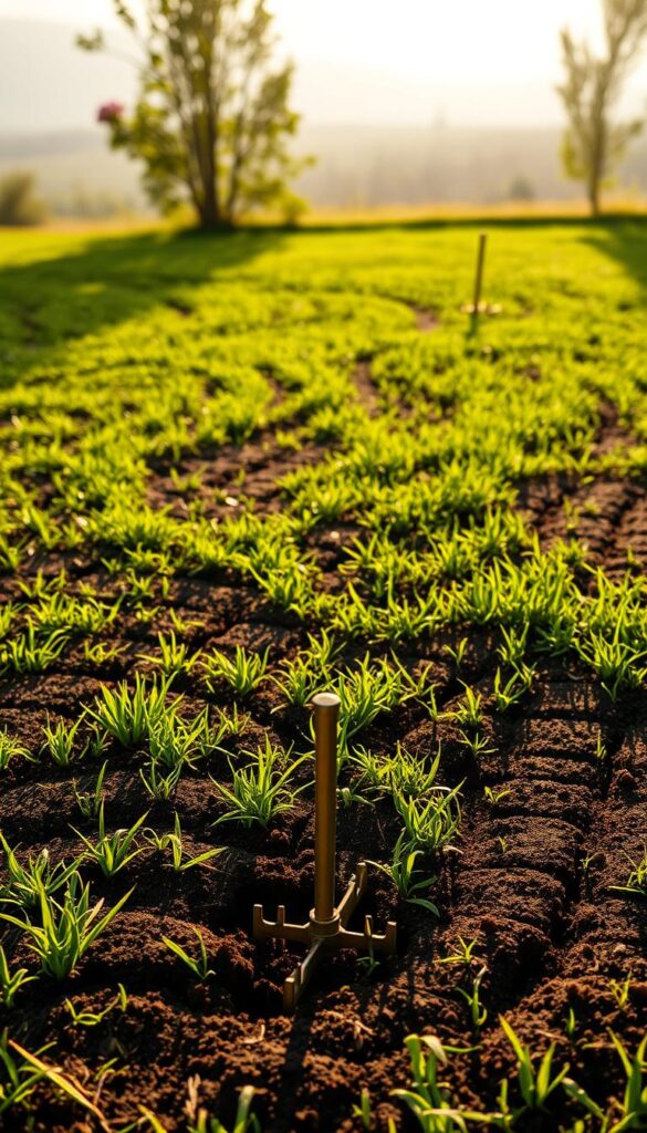 A lush, verdant lawn with soil aerators poking deep into the earth, creating intricate patterns and channels that allow vital oxygen, water, and nutrients to penetrate the roots. The scene is bathed in warm, golden sunlight, casting long shadows that accentuate the texture and depth of the soil. In the foreground, a hand-held aerator tool stands upright, its tines glistening, ready to be used. The background features a hazy, blurred landscape, drawing the viewer's focus to the central aeration process. The overall atmosphere conveys the benefits of this essential lawn care practice - improved soil health, enhanced water absorption, and stronger, more resilient grass.
