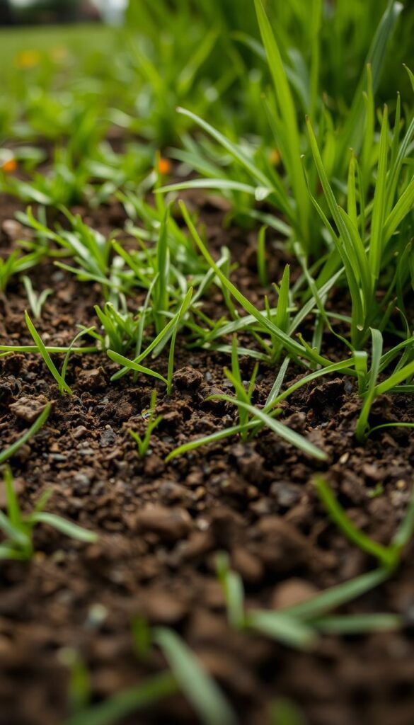 A lush, verdant lawn with soil that appears moist and dark, conveying a sense of healthy hydration. The camera angle is positioned close to the ground, capturing the intricate texture and structure of the soil, revealing its rich, earthy tones. Soft, diffused lighting bathes the scene, creating a serene and natural atmosphere. The image emphasizes the importance of maintaining optimal soil moisture levels to support the lawn's resilience against heat stress, as detailed in the article's "Watering and Soil Moisture" section.